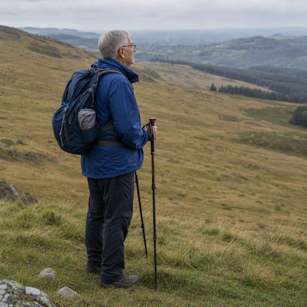 A hiker pausing with trekking poles on a gentle hill