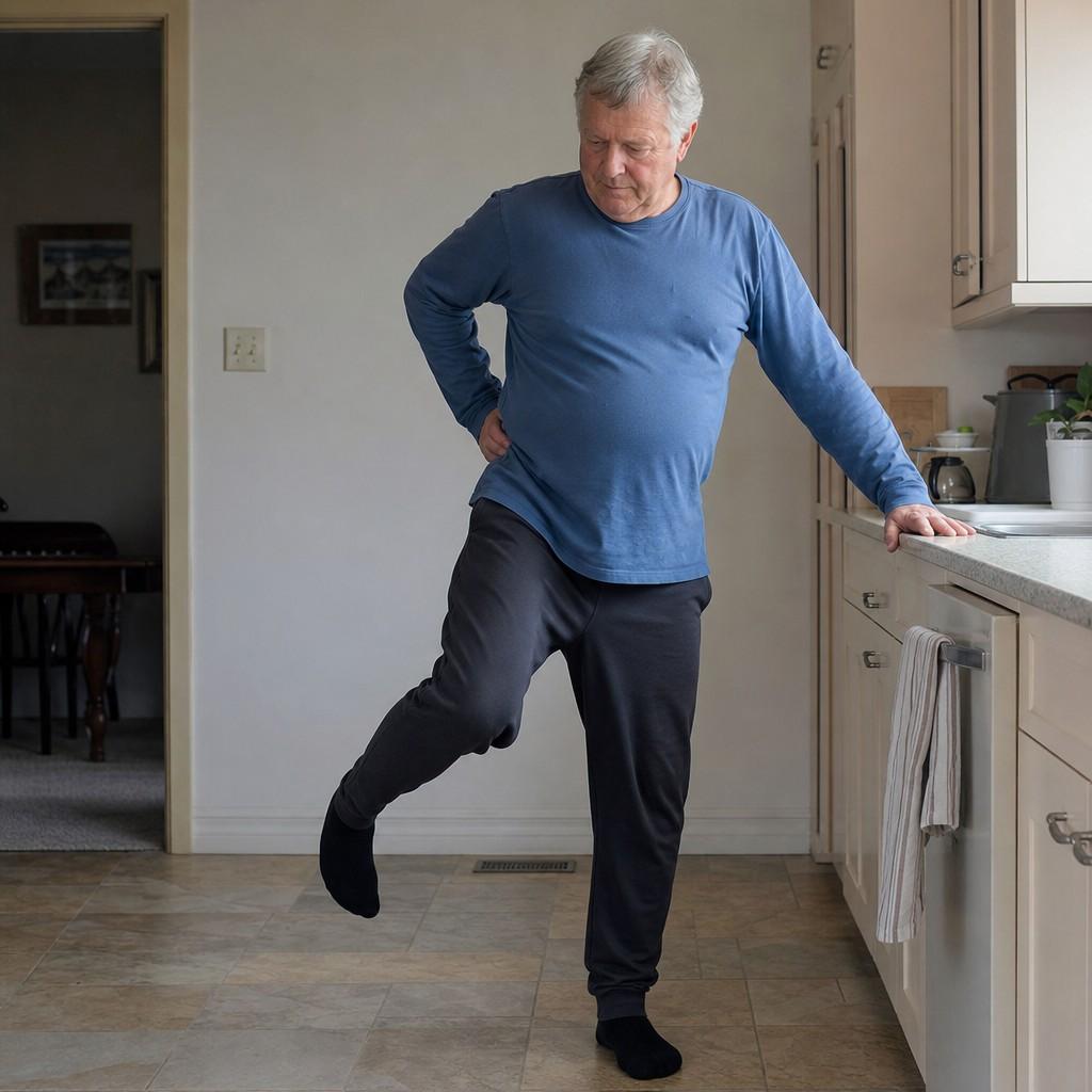 An older man doing a slow ankle circle holding a kitchen counter for balance