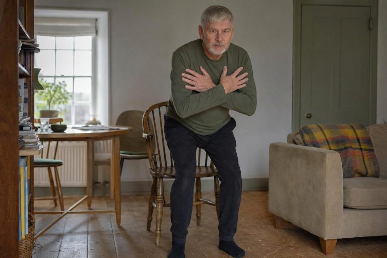 A man in his sixties standing up from a kitchen chair during a sit-to-stand exercise at home