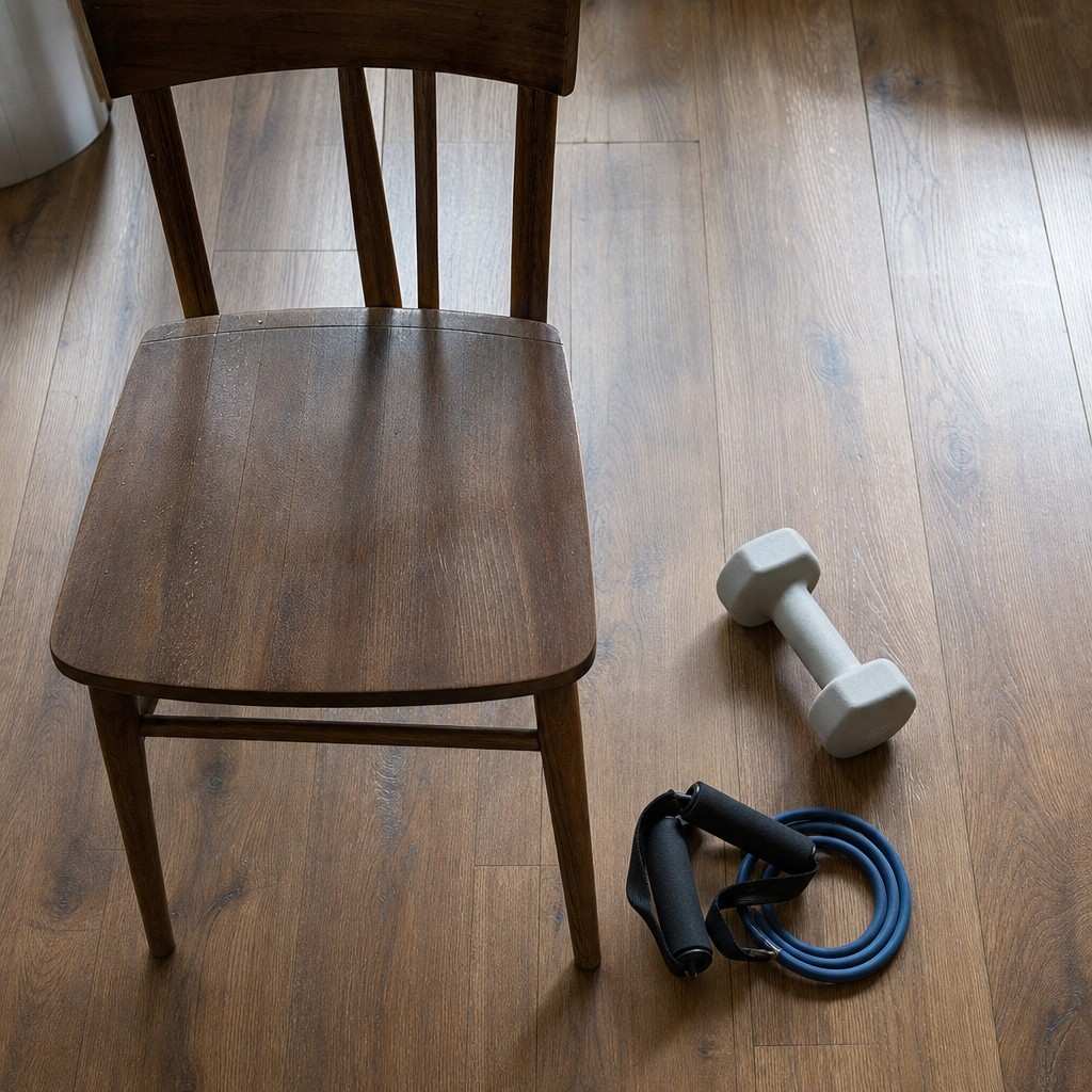 A simple home strength setup: a sturdy chair, one light dumbbell and a resistance band on a wooden floor