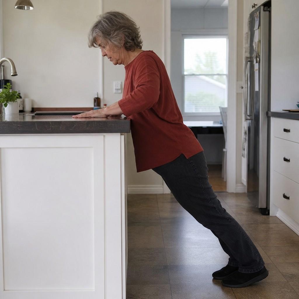 An older woman doing a counter push-up against a kitchen counter